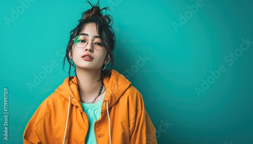 Young Asian in colorful outfit on blue background. Concept of youth fashion and style.