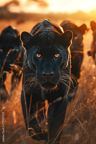 Black panthers standing in the savanna with setting sun shining. Group of wild animals in nature.