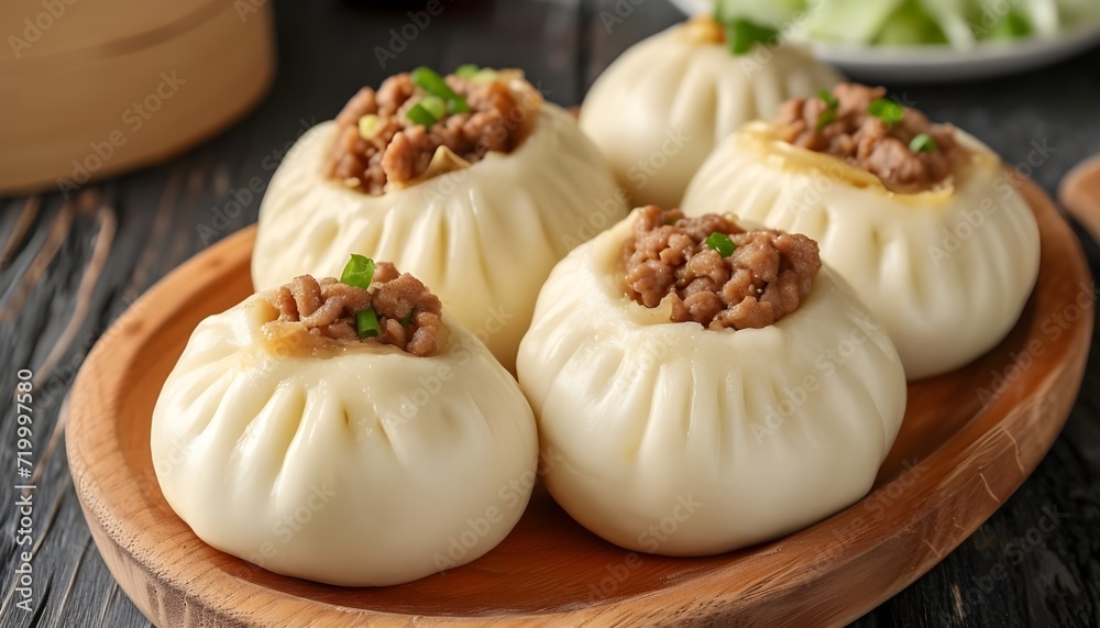 Baozi are steamed buns filled with ground meat and cabbage