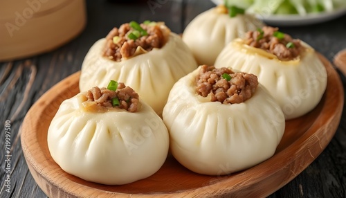 Baozi are steamed buns filled with ground meat and cabbage