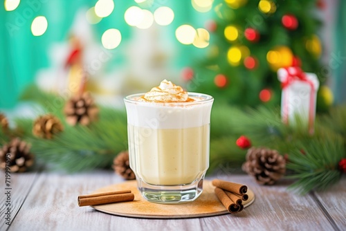 eggnog in a festive glass with whipped cream