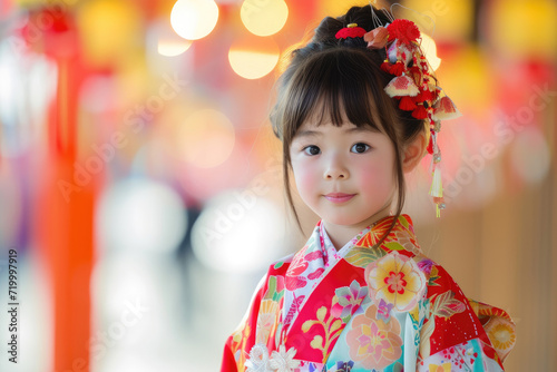 a beautiful little japanese girl wearing traditional dress for new year event