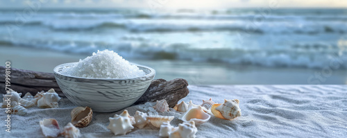 A serene coastal scene with a bowl of sea salt on weathered driftwood, surrounded by seashells and a blurred ocean in the background, capturing the pe photo