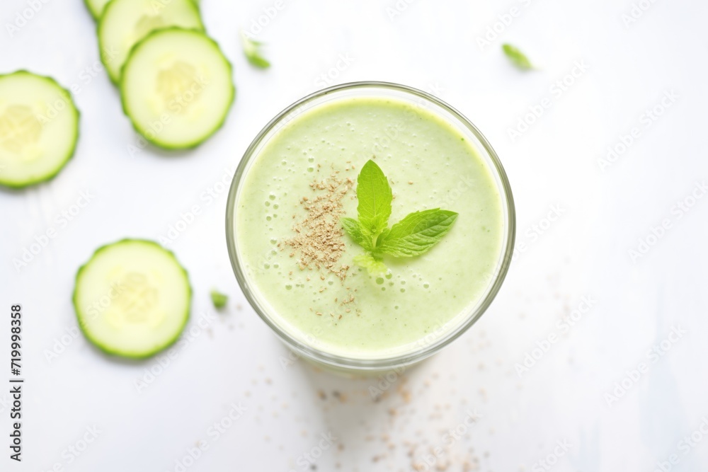 cucumber detox smoothie, cucumber slices floating on top cucumber detox smoothie, cucumber slices floating on top
