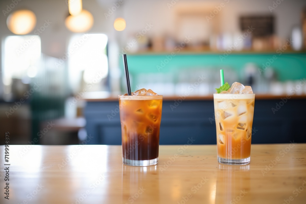 iced caramel macchiato and steamy americano, duo shots iced caramel macchiato and steamy americano, duo shots