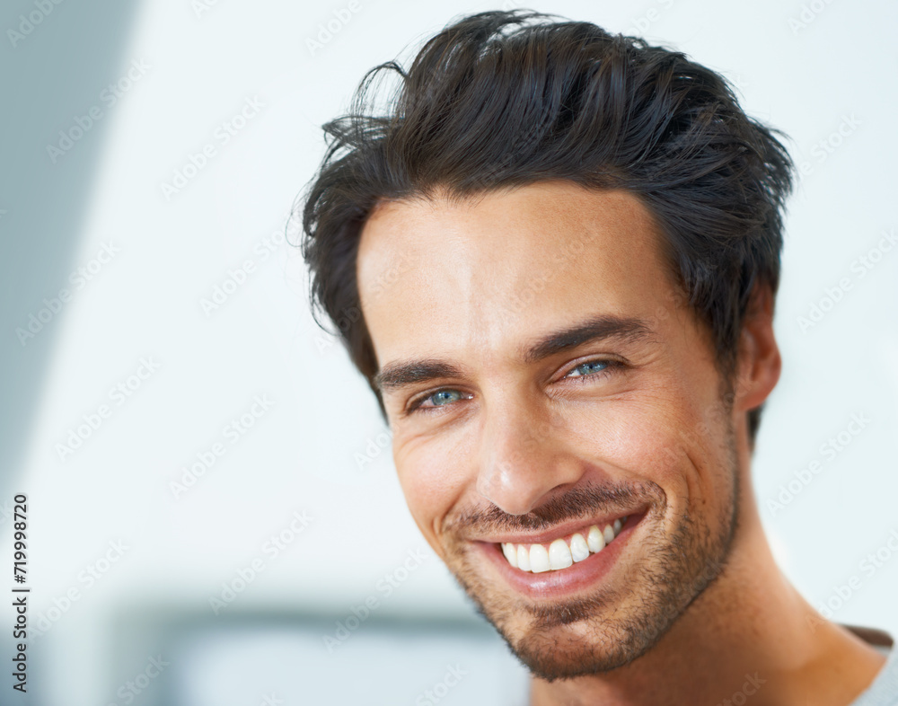 Smile, portrait and happy man at home with positive attitude, energy or mindset. Joy, face or handsome male person in a house with good mood, confidence or chilling on day off, weekend or vacation Smile, portrait and happy man at home with positive attitude, energy or mindset. Joy, face or handsome male person in a house with good mood, confidence or chilling on day off, weekend or vacation