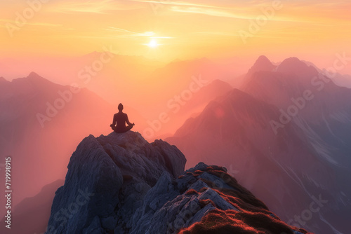 Person meditating on a mountain peak at sunrise amidst a breathtaking natural landscape.