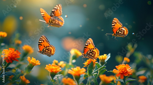 This image captures the delicate beauty of orange butterflies in flight above vibrant marigold flowers under the bright glow of the sun