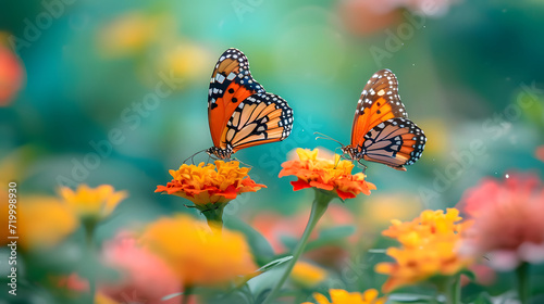 Two monarch butterflies are captured in a photograph as they rest on the vivid blooms of orange lantana flowers, surrounded by a soft-focus green garden. © Jorgarsan