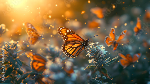 A flock of Monarch butterflies flutters over blossoming flowers, bathed in the warm, golden light of a setting sun © Jorgarsan