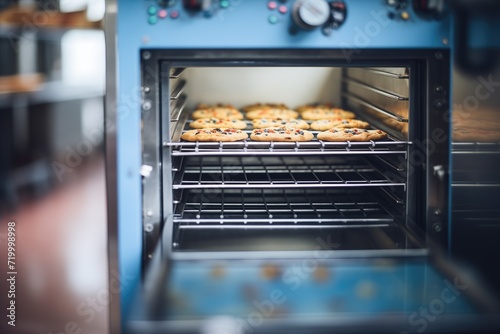 an open industrial oven revealing racks of freshly baked cookies