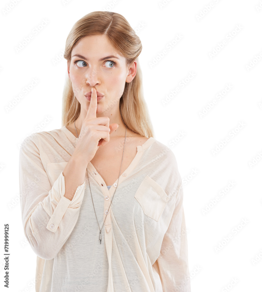 Woman, finger to lips for secret and gossip in studio, private and confidential information on white background. News, announcement and whisper, quiet gesture or emoji for privacy with noise or voice Woman, finger to lips for secret and gossip in studio, private and confidential information on white background. News, announcement and whisper, quiet gesture or emoji for privacy with noise or voice