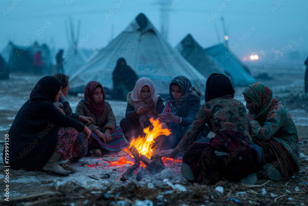 Women gather around a campfire in a refugee camp, sharing stories and seeking support amidst the backdrop of makeshift shelters. Women gather around a campfire in a refugee camp, sharing stories and seeking support amidst the backdrop of makeshift shelters.
