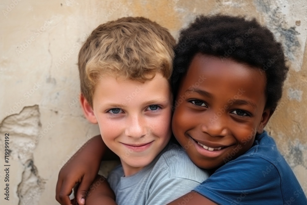 Two boy friends of different nationalities hug Two boy friends of different nationalities hug