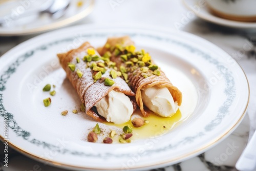 cannoli filled with ricotta, pistachios, and powdered sugar