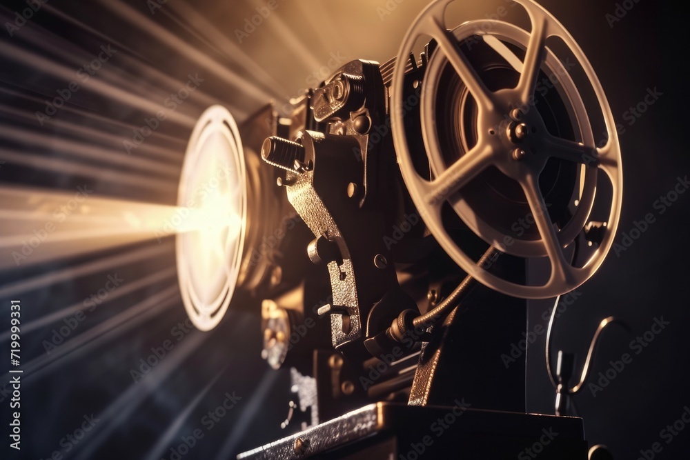 Vintage film projector while working, close up 