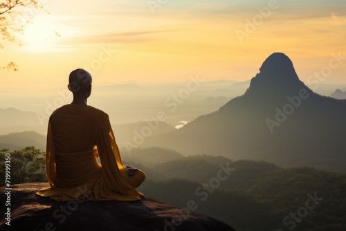 A man who sits in the lotus position on a mountain top overlooking the sunset