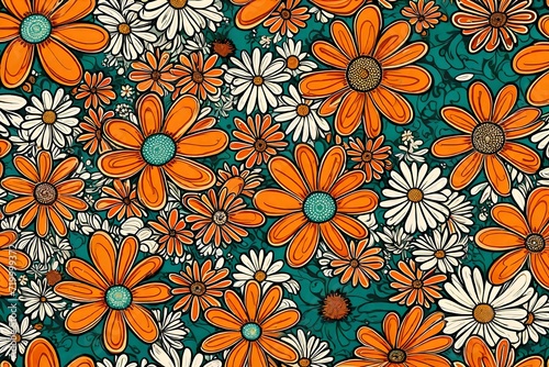 Vibrant 70s daisy blooms swirl in a seamless pattern, capturing the essence of a groovy vintage era.