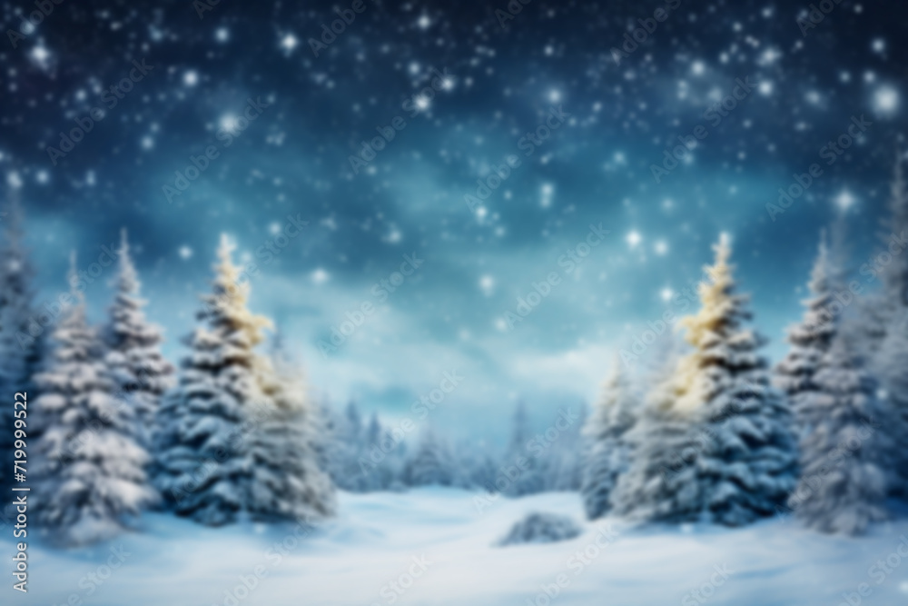 Blurred background of Christmas snowy fir trees with copy space.Merry Christmas and happy New Year greeting background