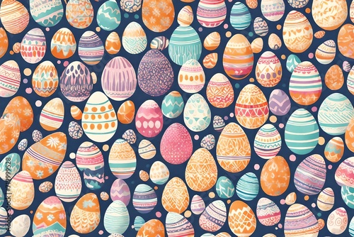 A dance of Easter eggs takes center stage, creating a retro-style print with a seamless pattern that celebrates creativity in vibrant pastel colors.