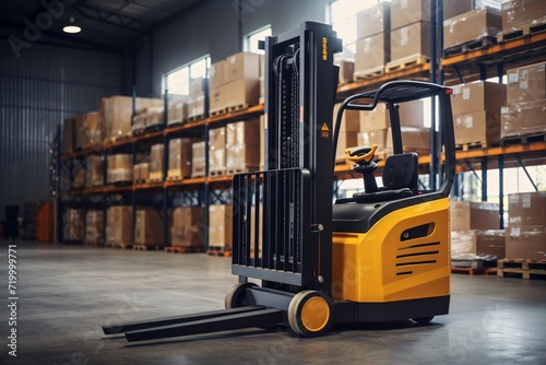 Modern Yellow Forklift Truck Isolated on White - Compact Industrial Equipment for Lifting and Moving Goods in Warehouse © K