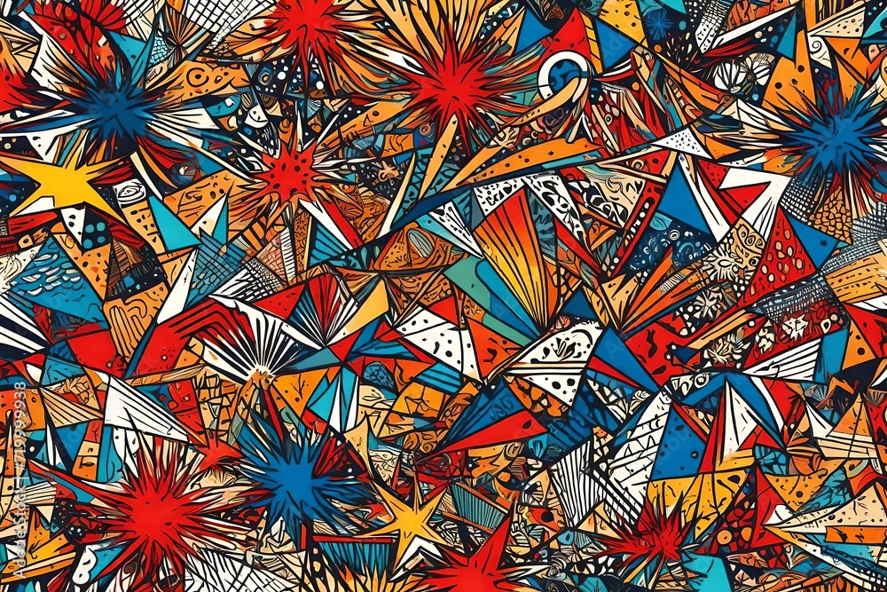 Bursting with energy, an abstract illustration showcases a seamless pattern of artistic drawings against a backdrop of trendy primary colors in retro style. Bursting with energy, an abstract illustration showcases a seamless pattern of artistic drawings against a backdrop of trendy primary colors in retro style.