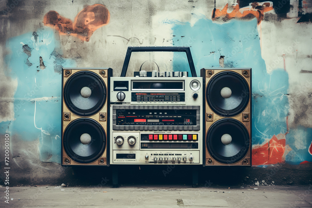 Vintage music sound speaker wall  on a grunge painted wall background. - obrazy, fototapety, plakaty 