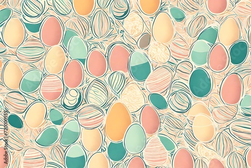 Dynamic and sophisticated, an abstract print comes to life with Easter eggs, forming a seamless pattern against a backdrop of delicate pastel colors in retro style.