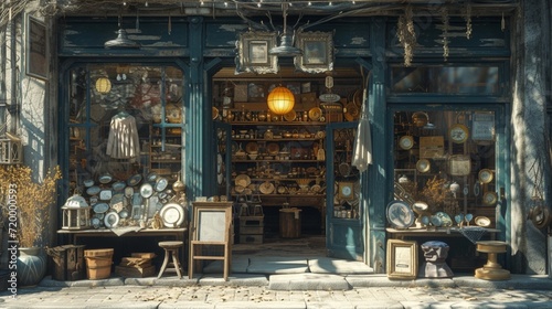 An antique shop with a weathered exterior  showcasing unique treasures and trinkets in its display windows  tempting curious shoppers to step inside