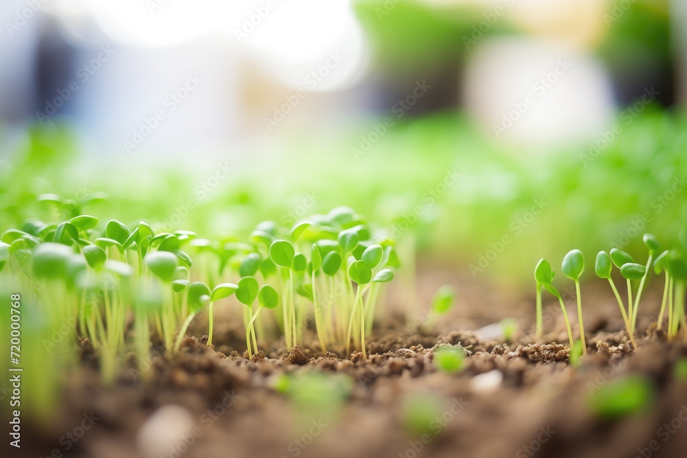 closeup of microgreen seedlings in soil