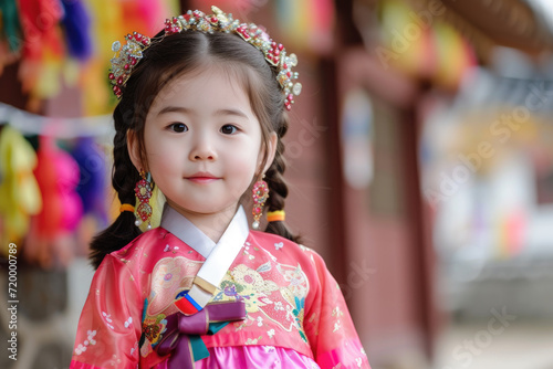 a beautiful korean little girl wearing traditional dress for new year event