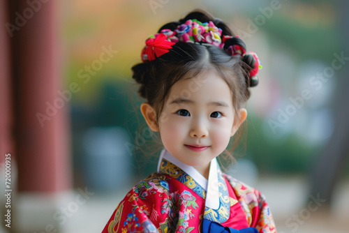 a beautiful korean little girl wearing traditional dress for new year event