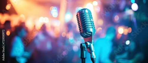 a microphone placed in front of an enthusiastic audience.