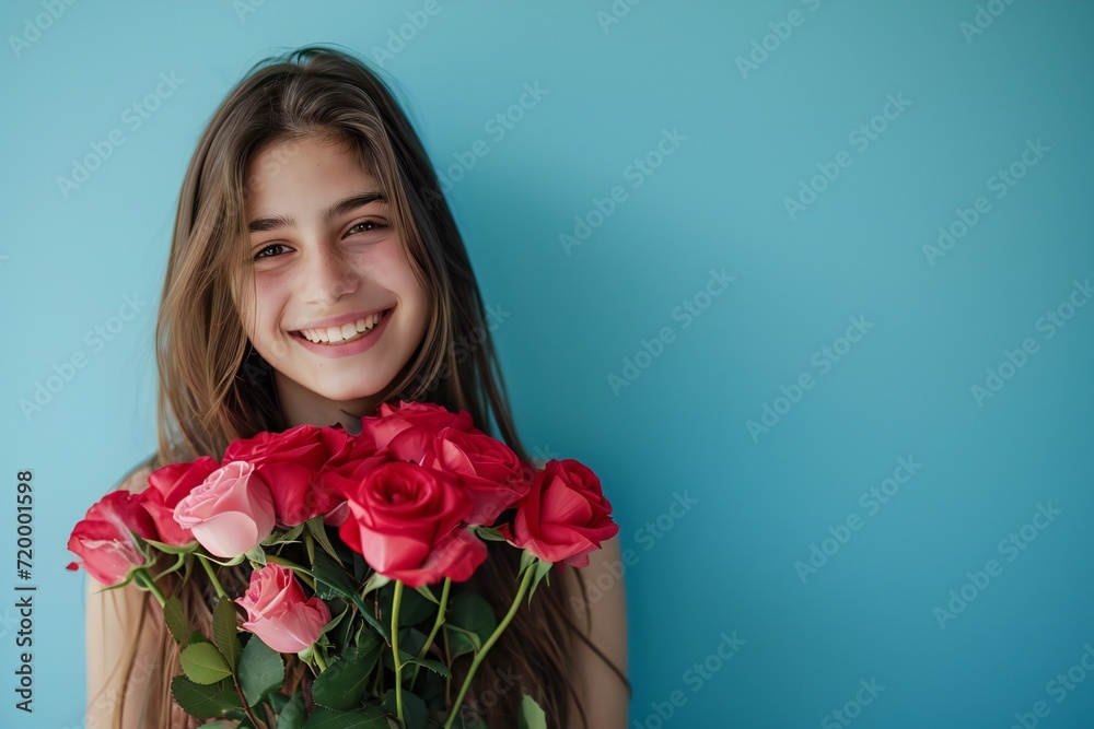 Portrait of gorgeous positive girl hands hold rose bouquet empty space isolated on blue color background