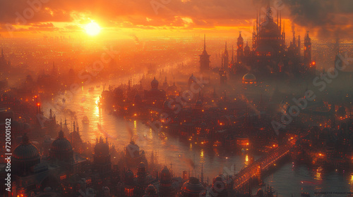 Sunset Over the Industrial Fantasy City