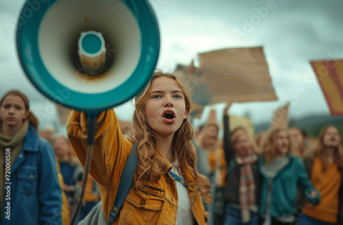 a girl with large protest signs shouts over a megaphone