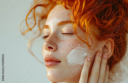 woman on red hair applying cream to face