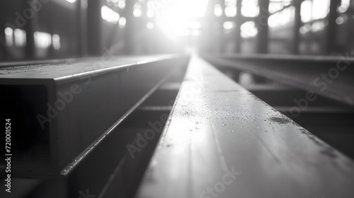 Monochromatic image of steel girders with light at the end photo