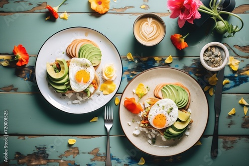 breakfast with poached eggs and avocados on toast