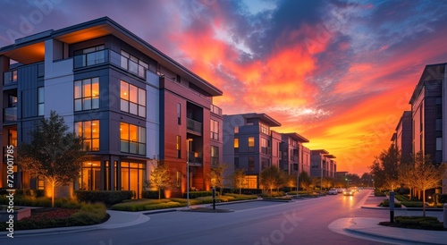 modern apartment building near the street at sunset