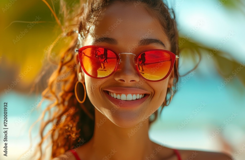 a woman smiling wearing red sunglasses