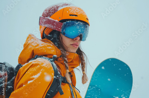 woman snowboarder in orange in winter holding her snowboard