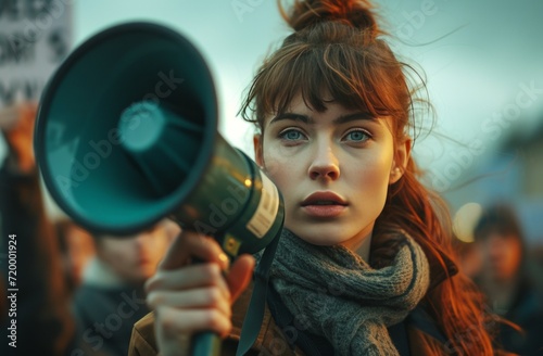 a woman holding a megaphone and protesting street signs,