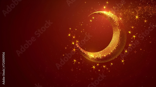  Shiny golden crescent and shiny stars on dark red background. generative ai