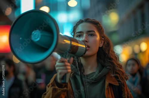 woman holding megaphone during protest outside of tantan studios © olegganko