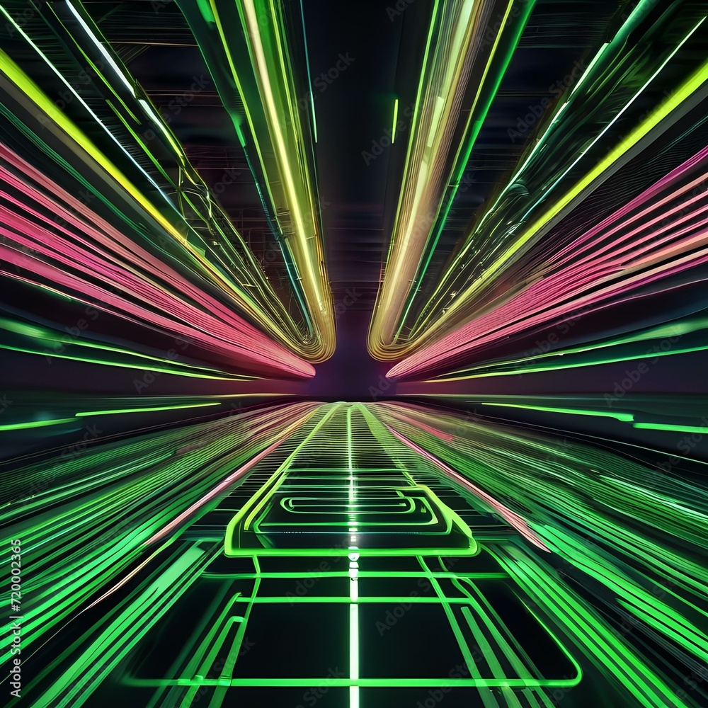Obraz premium Futuristic abstract wallpaper with vivid green neon lines moving dynamically, creating a sense of energy and motion in a 3D space4