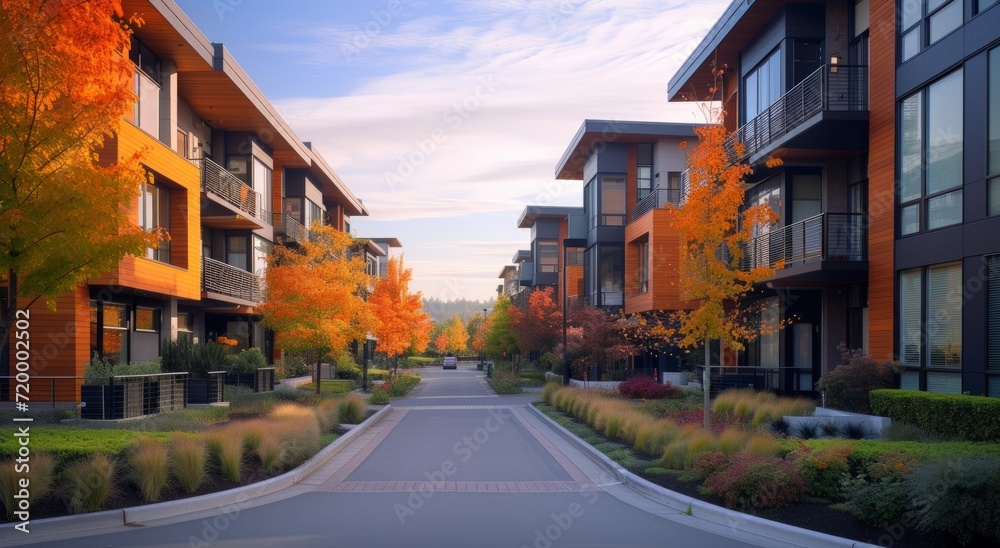 modern apartment complex street scene in the city