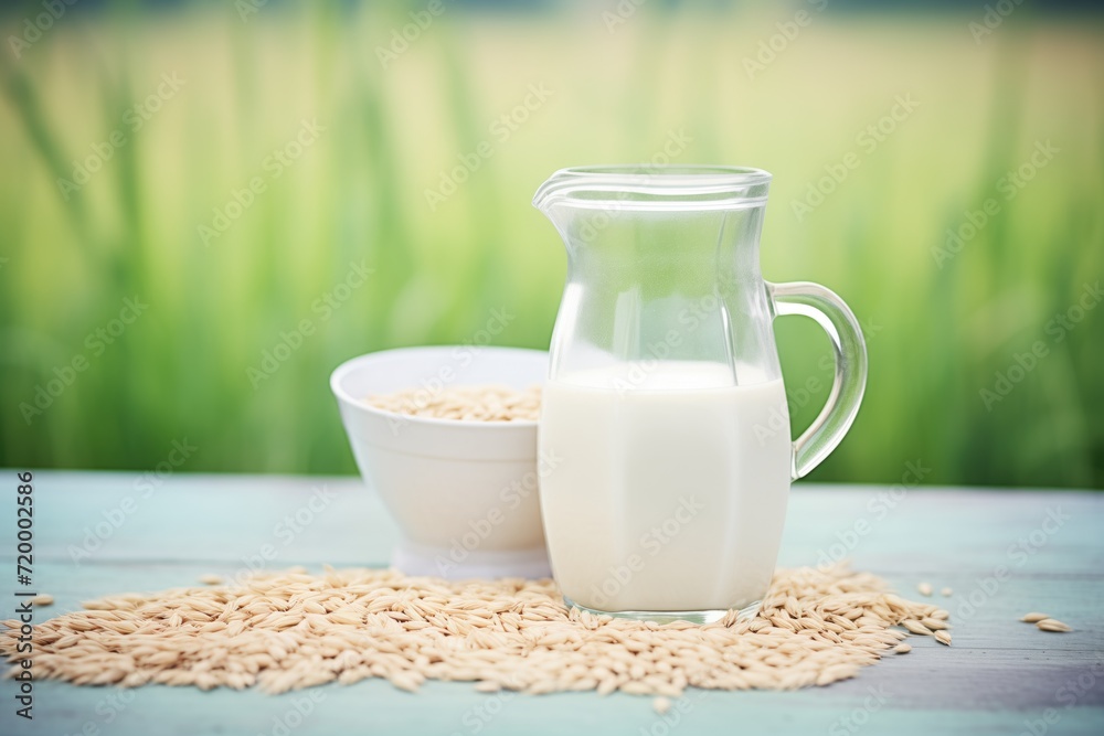 oat milk in glass jug with field of oats behind oat milk in glass jug with field of oats behind