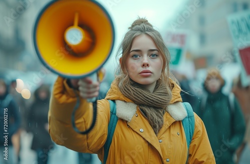 a woman holding a megaphone and protesting street signs,