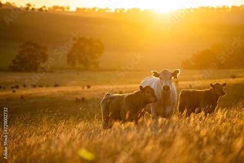 stud wagyu cows and bull in a sustainable agriculture field in summer. fat cow in a field. mother cow with baby at sunset